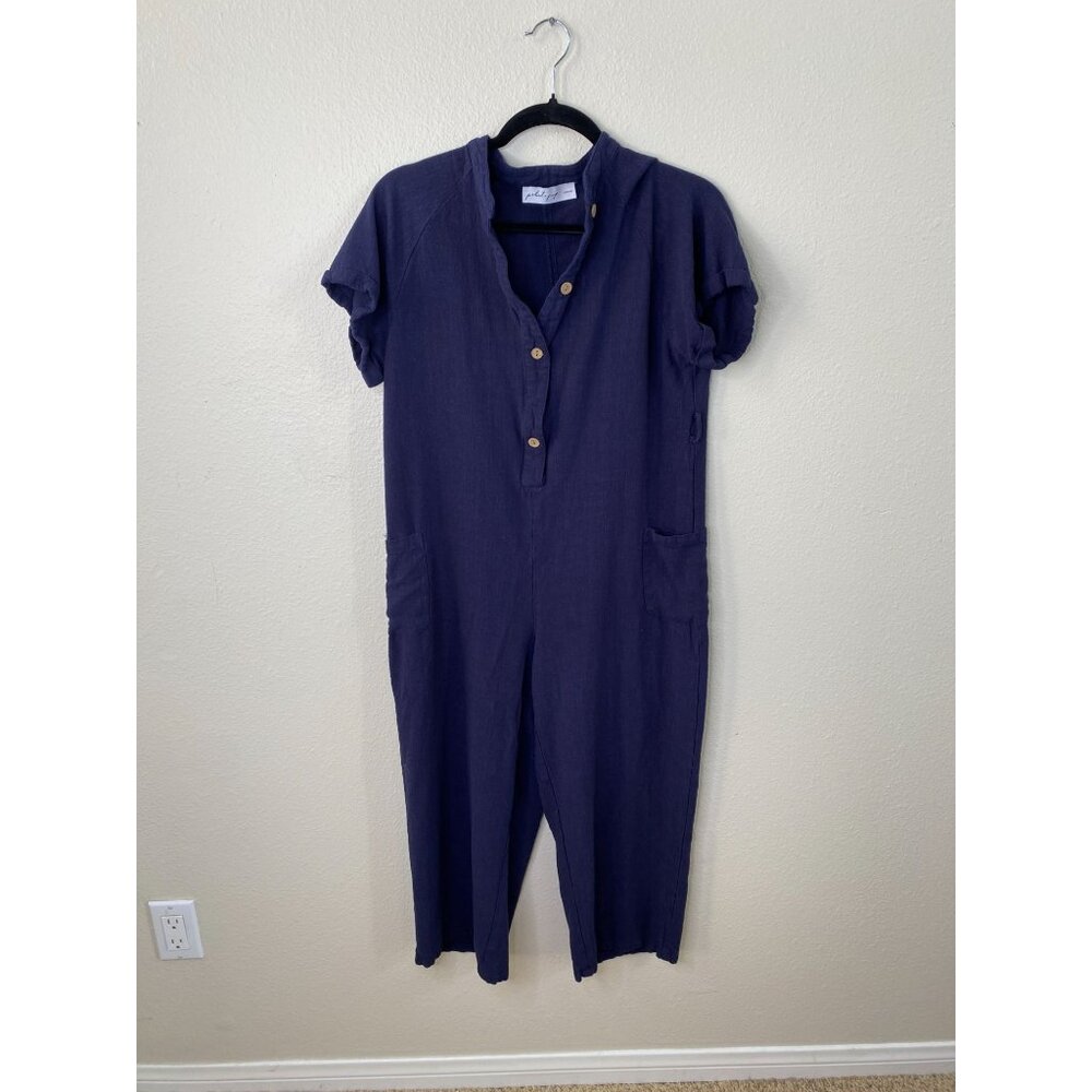 Petal + Pup Womens Linen Jumpsuit Short Sleeve Button Front Pockets 6 Navy Blue